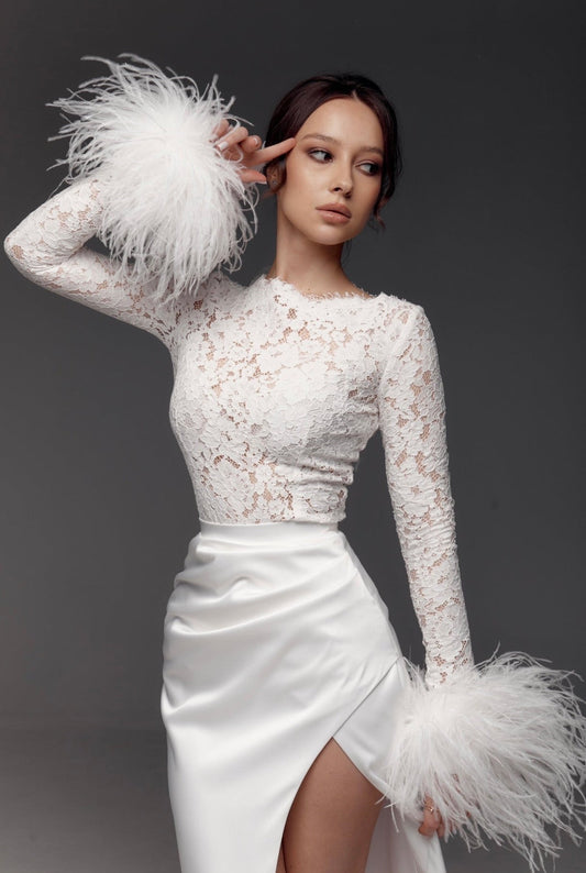 Elise Long with Feather Cuffs